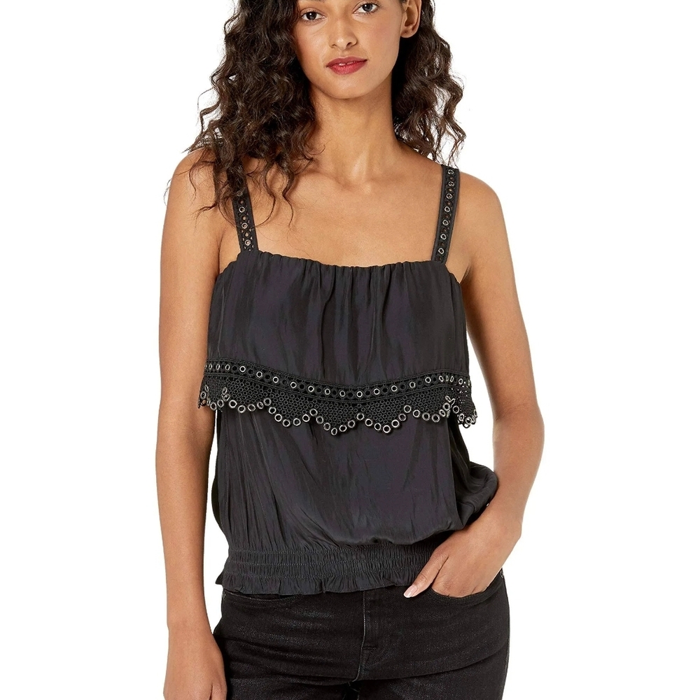 Ramy Brook Black Eyelet Trim Women's Smocked Top